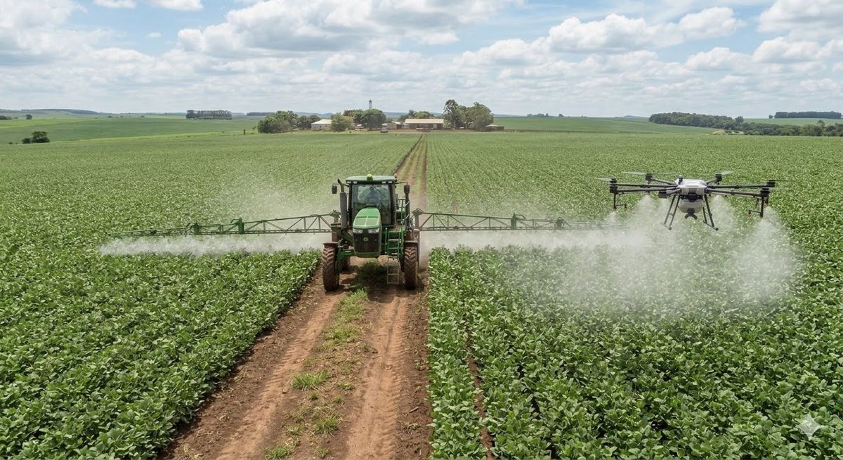 Autopropelido e drone agrícola operando lado a lado na mesma fazenda