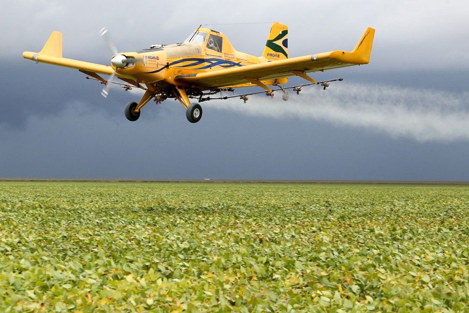 Avião agrícola pulverizando lavoura em Mato Grosso